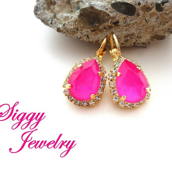 Electric Neon Pink Crystal Pear Shaped Halo Earrings, Hot Summery Pink Teardrops - Picture 1 of 5